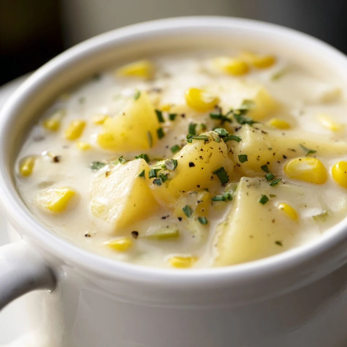 Creamy Corn and Potato Chowder with Fresh Herbs steaming in a rustic bowl, topped with chives.
