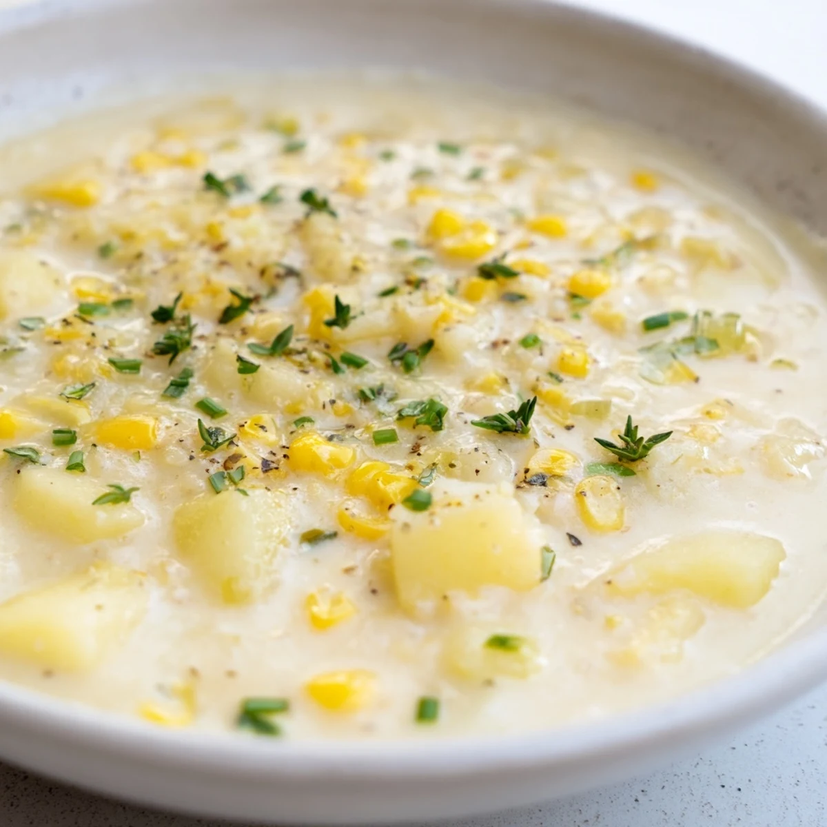 Vibrant Fresh Herbs garnish this Creamy Corn and Potato Chowder for a cozy vegetarian dinner.