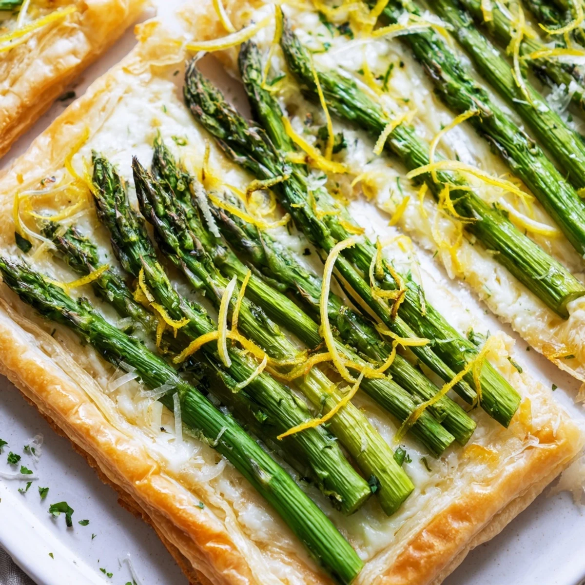 Grüner Spargel und cremiger Käse auf knusprigem Blätterteig, perfekt für Brunch oder Abendessen.