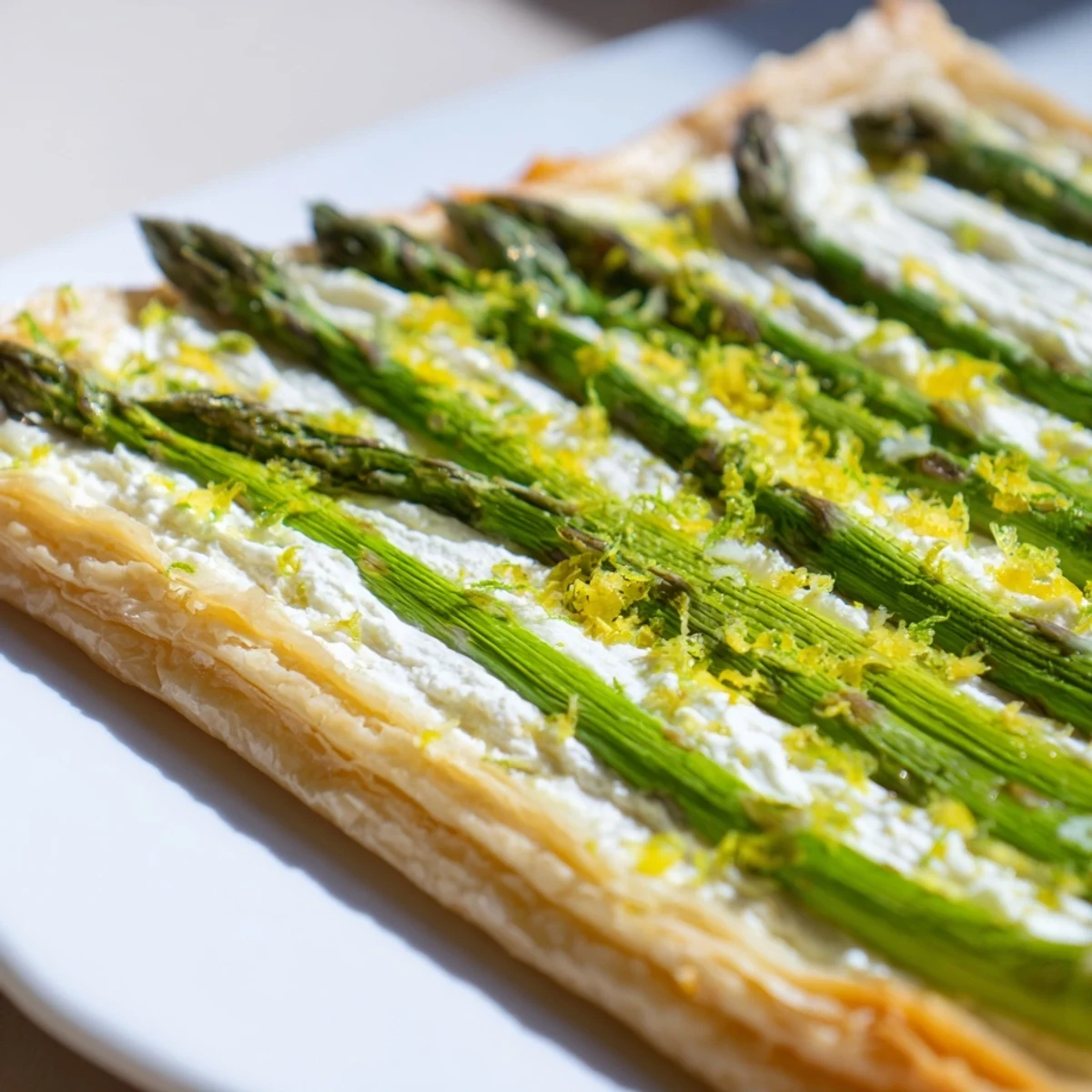 Blätterteig-Tart mit frischem Spargel und Kräuterquark im Ofen, serviert mit einem Glas Weißwein.