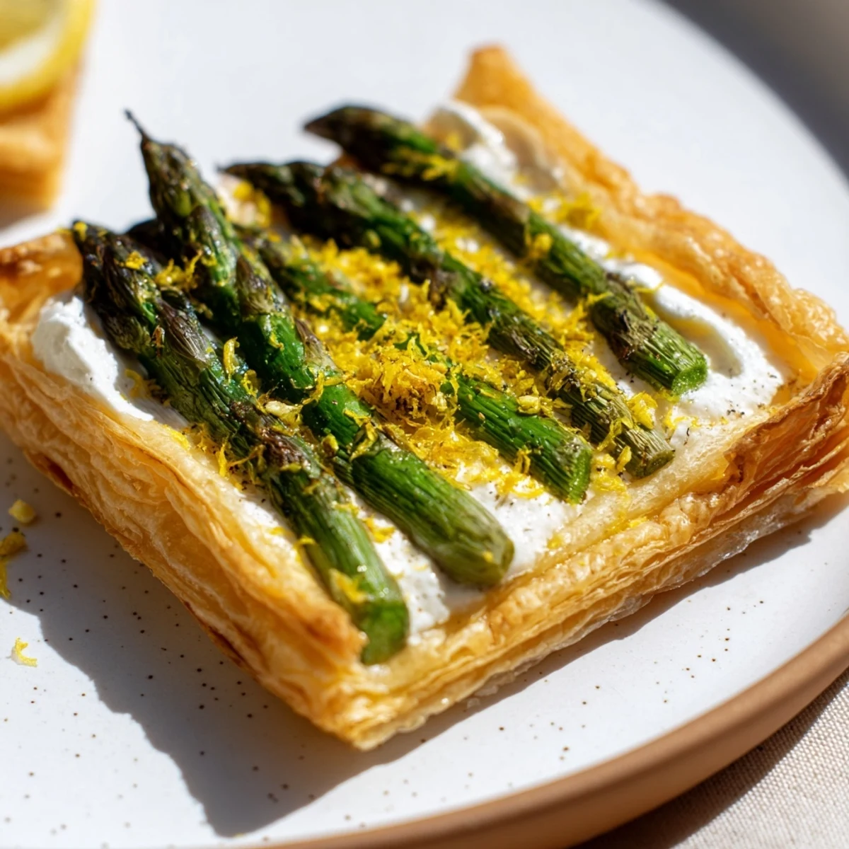 Goldenes Blätterteig-Tart mit zartem grünem Spargel und würziger Zwiebel-Zitrone-Aroma für den Frühling.