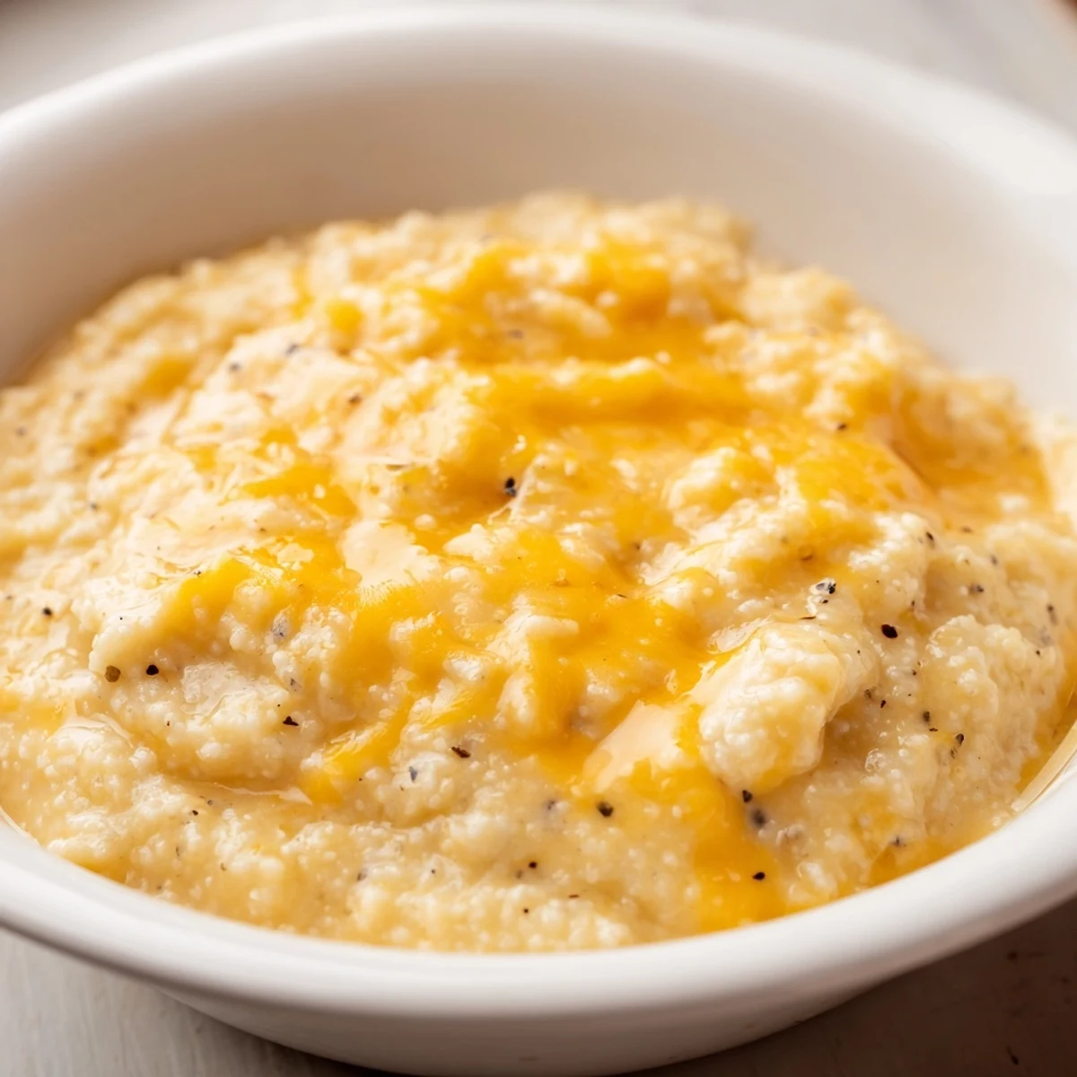 Cremige Southern Cheesy Grits mit geschmolzenem Cheddar, ideal für ein herzhaftes Frühstück.