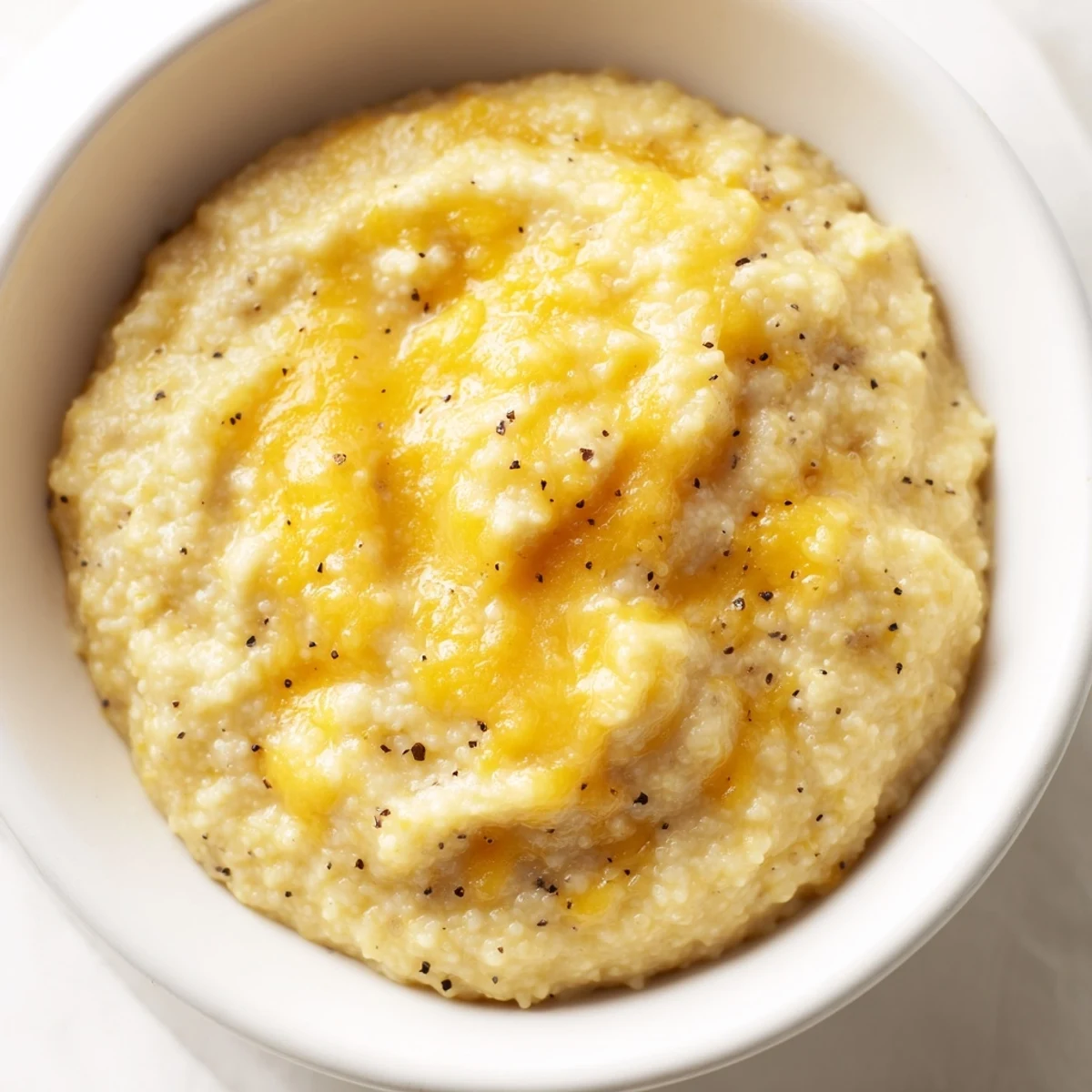 Goldbraune Southern Cheesy Grits, serviert warm als beilagen zu Garnelen und Gemüse.