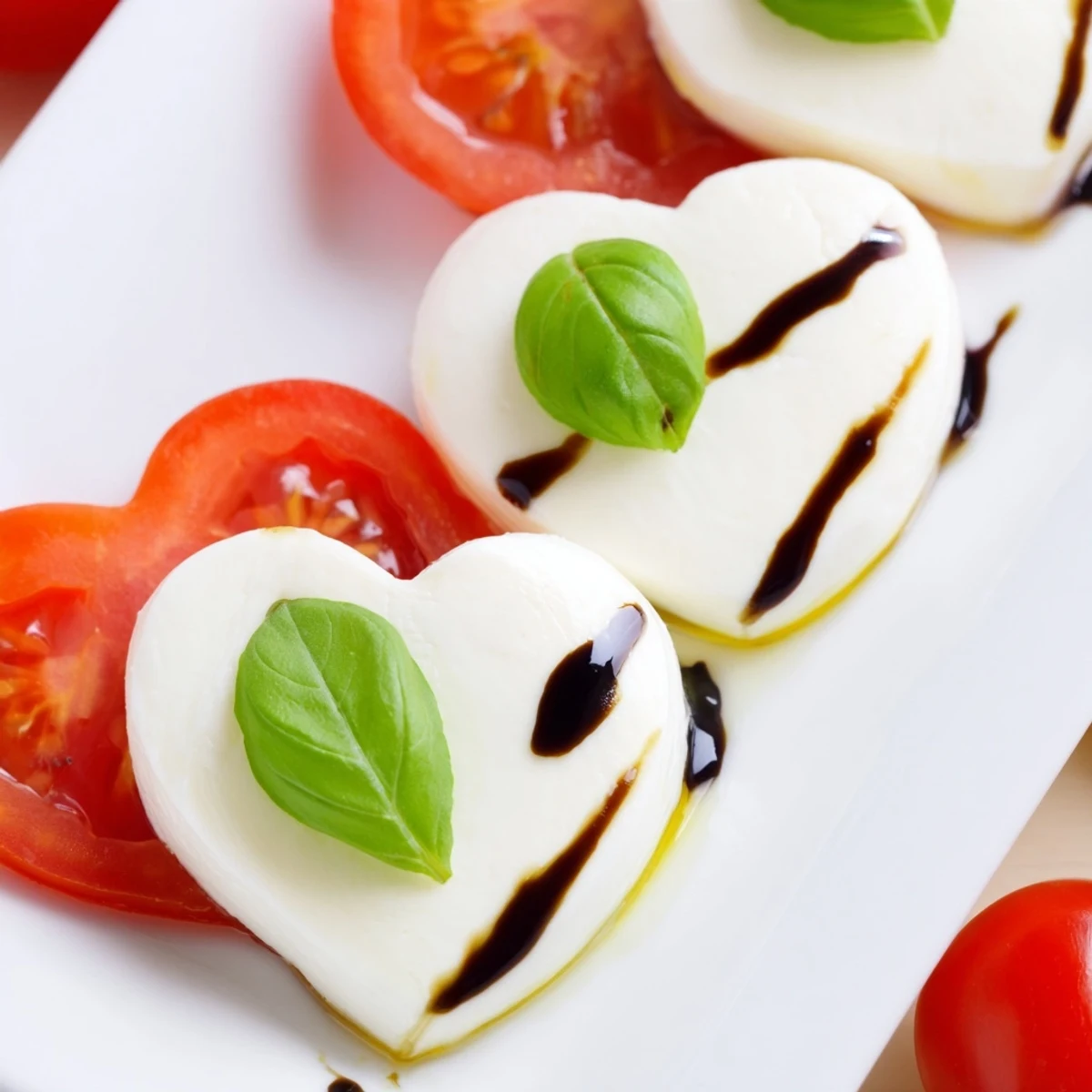 Frisch angerichteter Valentine Heart Caprese Salad mit herzförmigem Mozzarella und roten Tomaten.