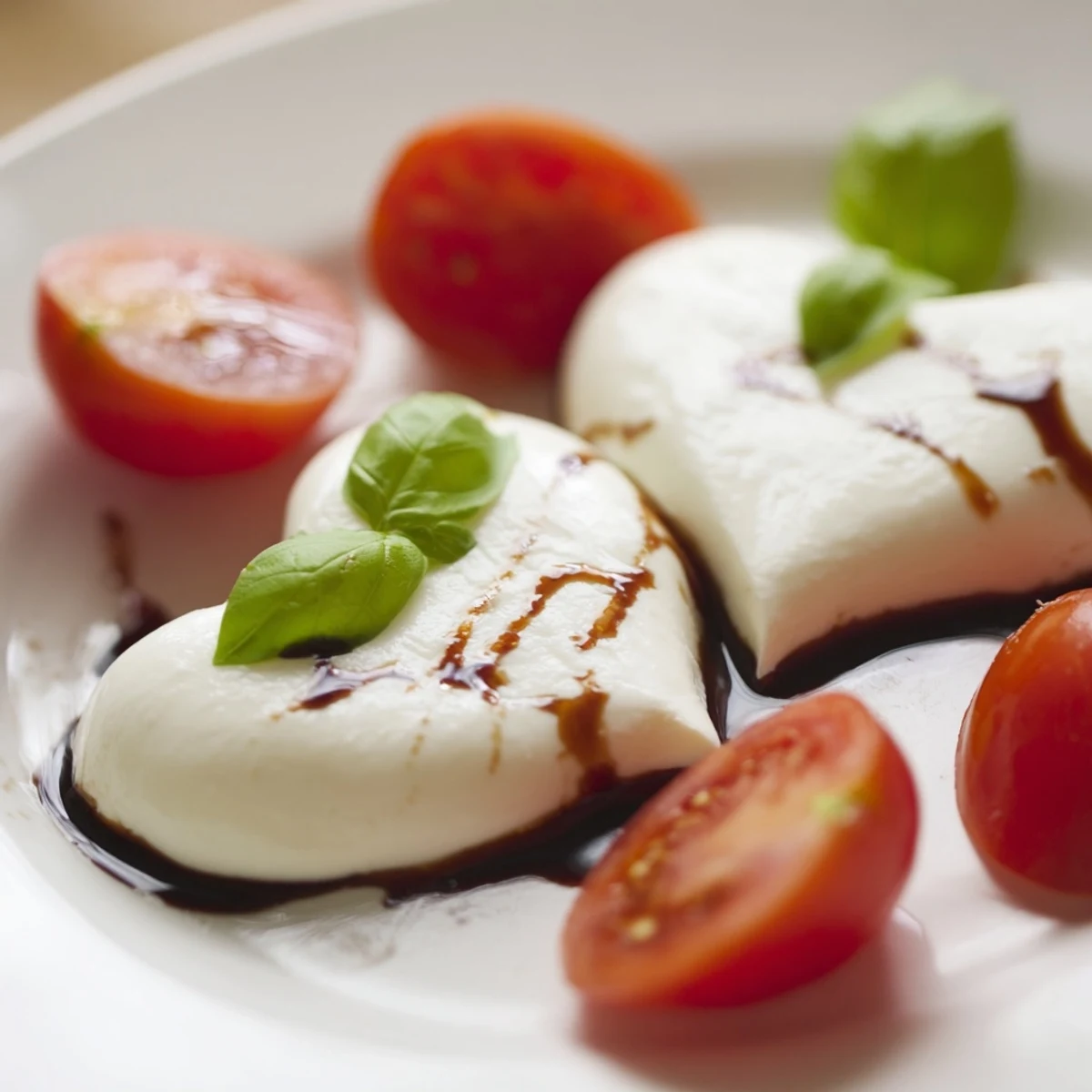 Romantischer Valentine Heart Caprese Salad mit Cherrytomaten und Olivenöl, perfekt für Valentinstag.