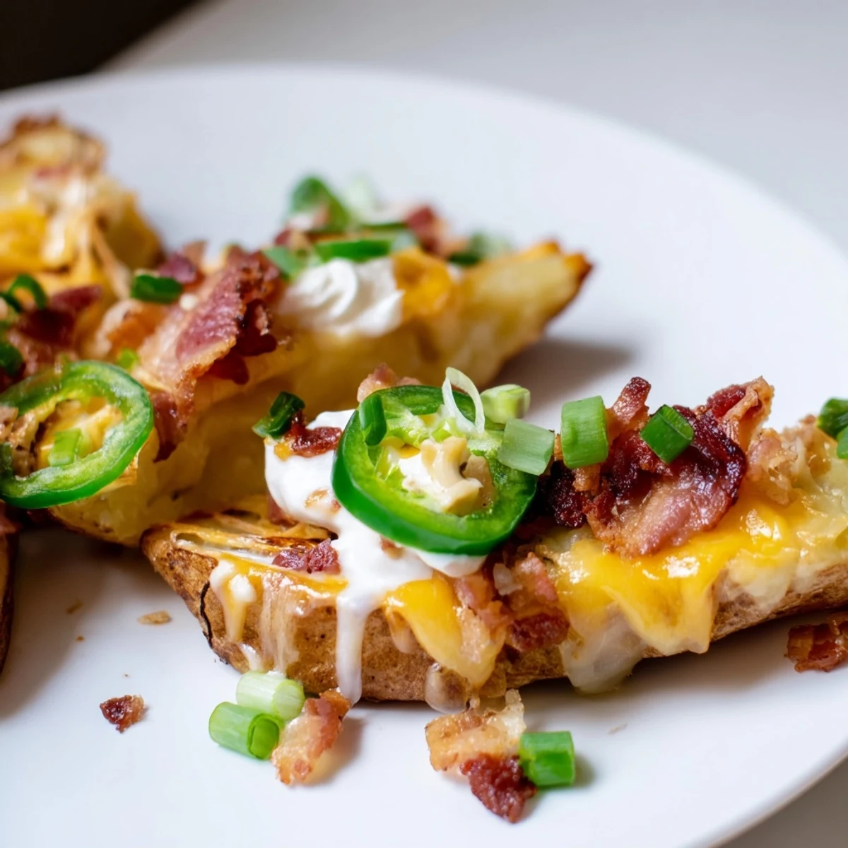 Die pictured golden-brown Game Day Loaded Potato Wedges, generously loaded with melted cheddar, crumbled bacon, and green onions.