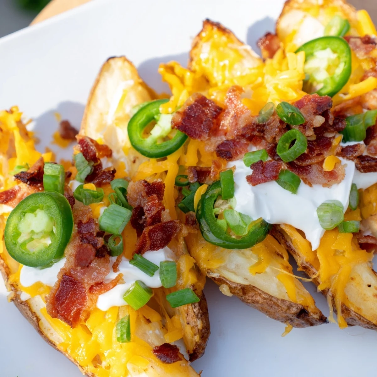 Game Day Loaded Potato Wedges served on a platter with extra chives and crispy bacon bits, ready to enjoy.