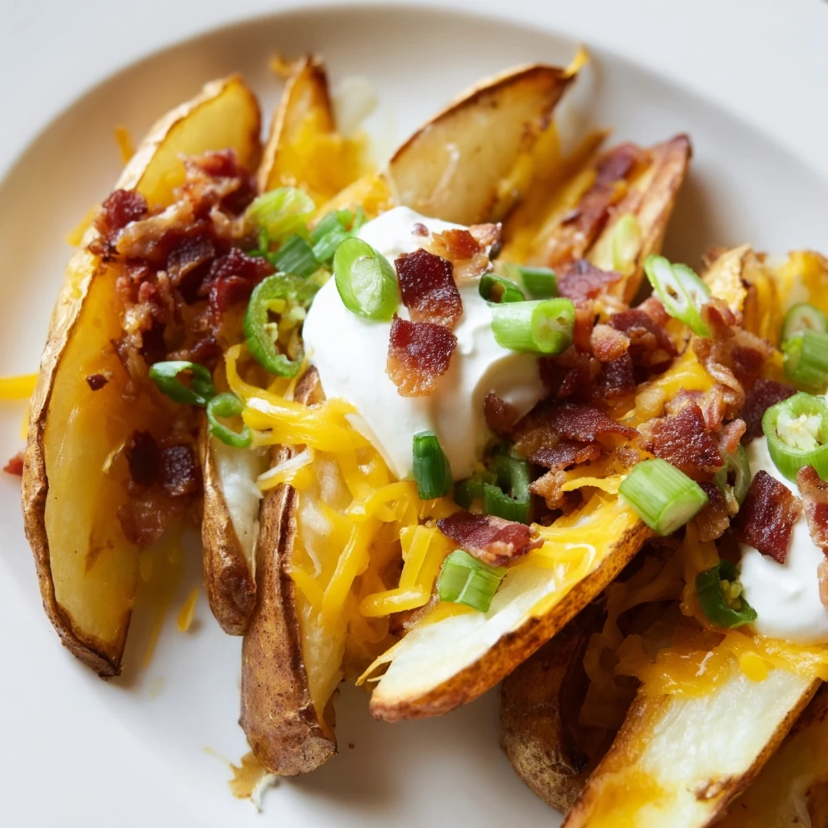 A close-up of Game Day Loaded Potato Wedges topped with sour cream and jalapeños, perfect for snacking.