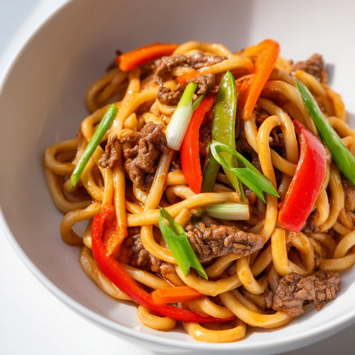 Tender beef and chewy udon noodles tossed with fresh veggies in a spicy sauce, ready to serve.