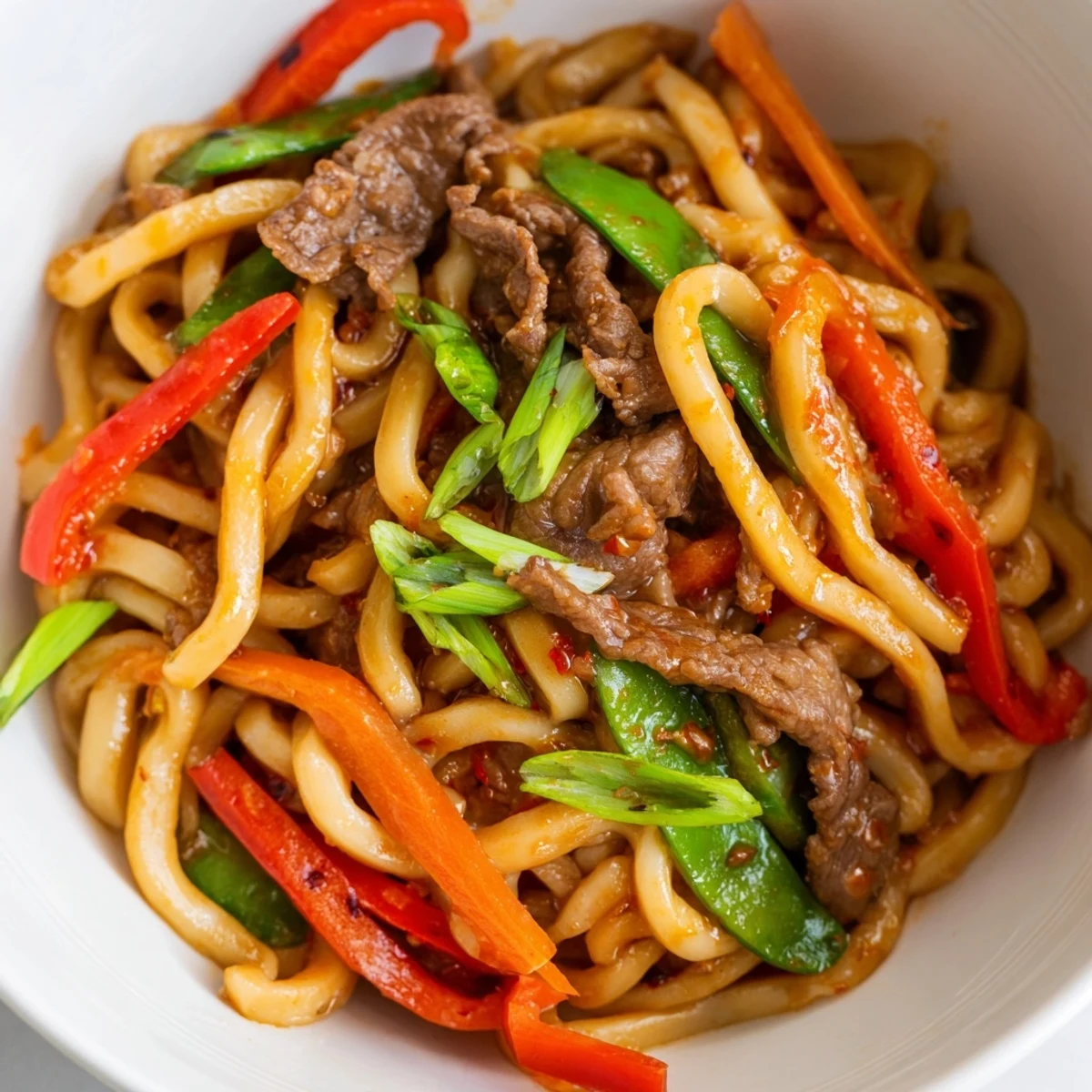 Close-up of Spicy Beef Stir Fry with Udon Noodles garnished with spring onions, steam rising from the pan.