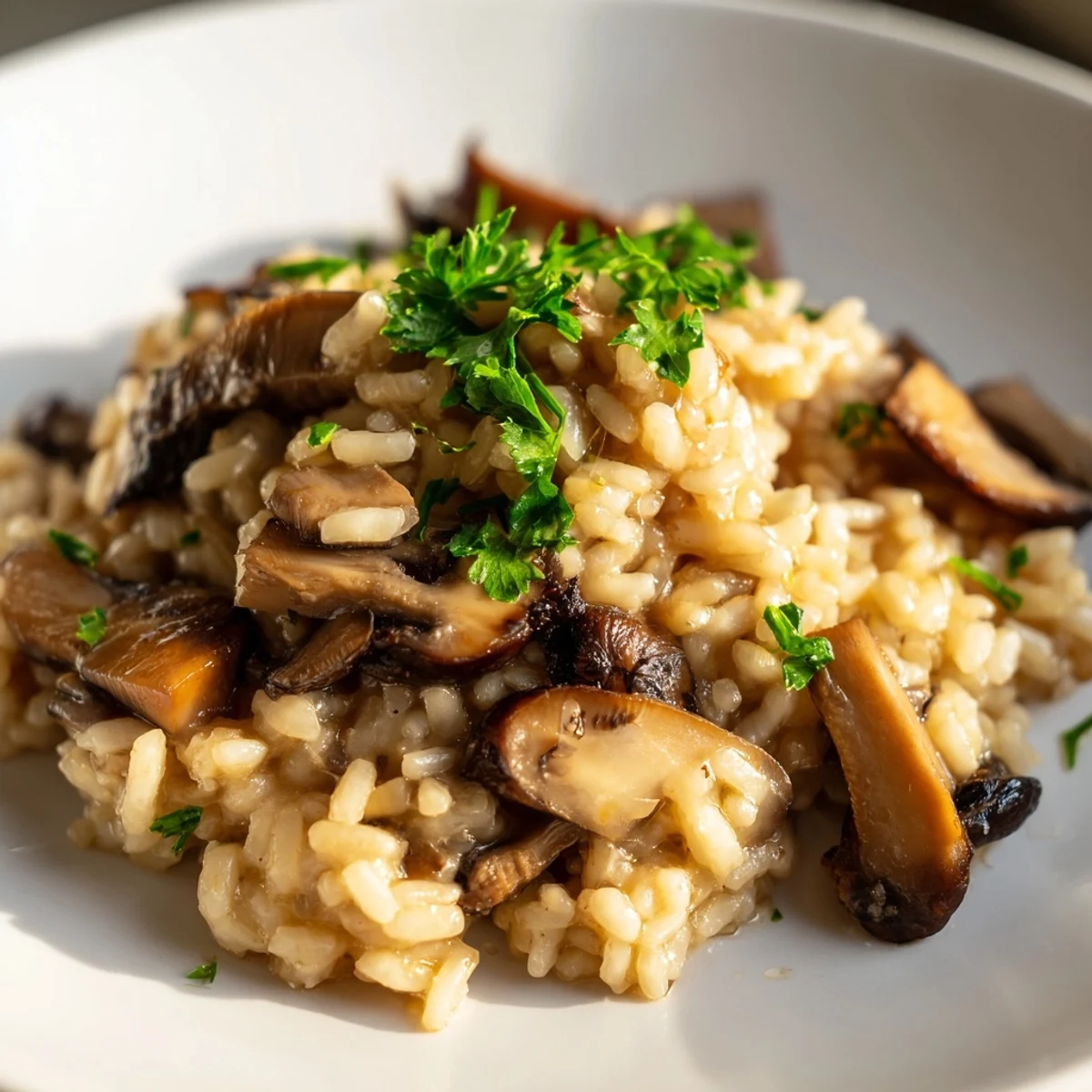 Ein aromatisches cremiges Pilzrisotto mit Truffelöl auf rustikalem Teller mit frischen Kräutern.