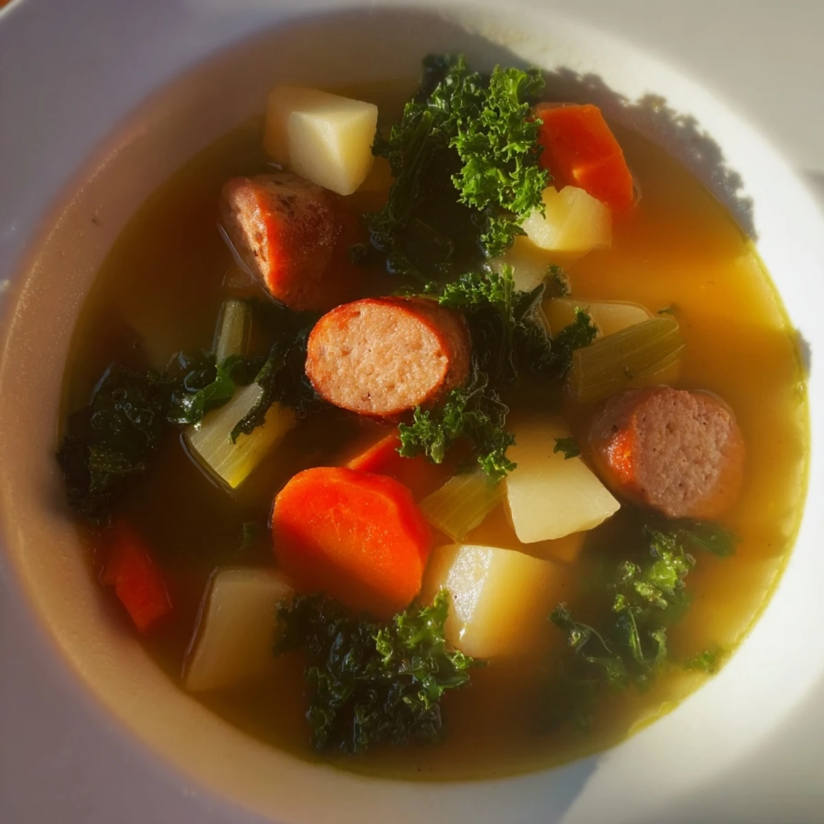 Geschmorter Truthahnsuppe mit Kartoffeln und Kale in einer dampfenden Schüssel, serviert mit knusprigem Brot.