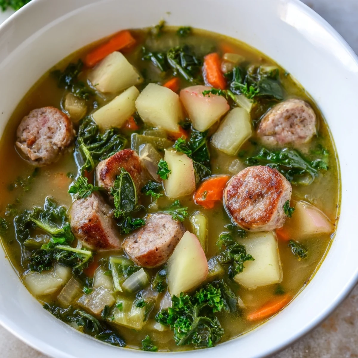 Frisch zubereitete Suppe mit Truthahnsaucen, glasigen Karottenstücken und grünem Kale, lecker und nahrhaft.