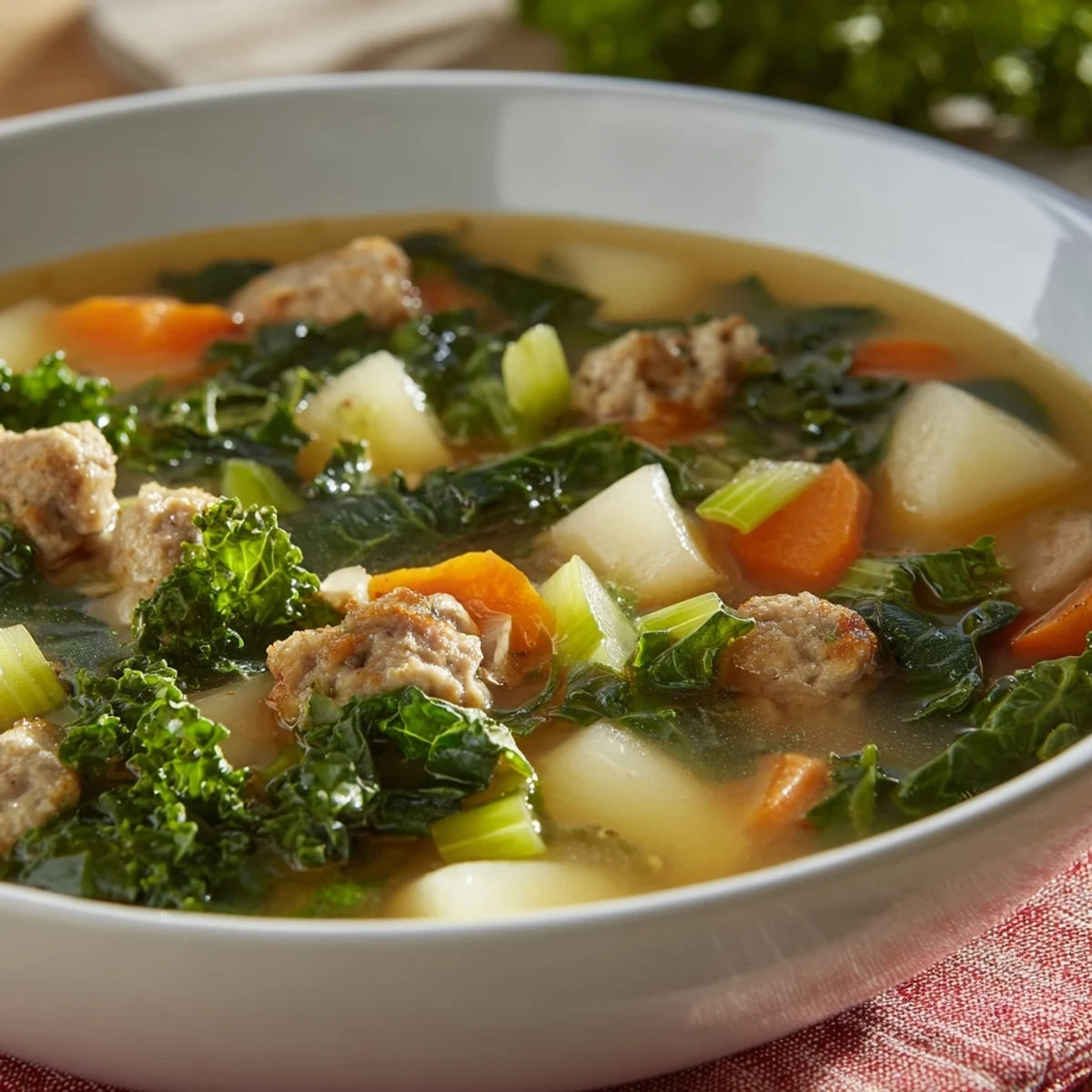 Würzige Türkei-Wurst, weiche Kartoffeln und frisches Kale in einer herzhaften Brühe, perfekt für kalte Tage.