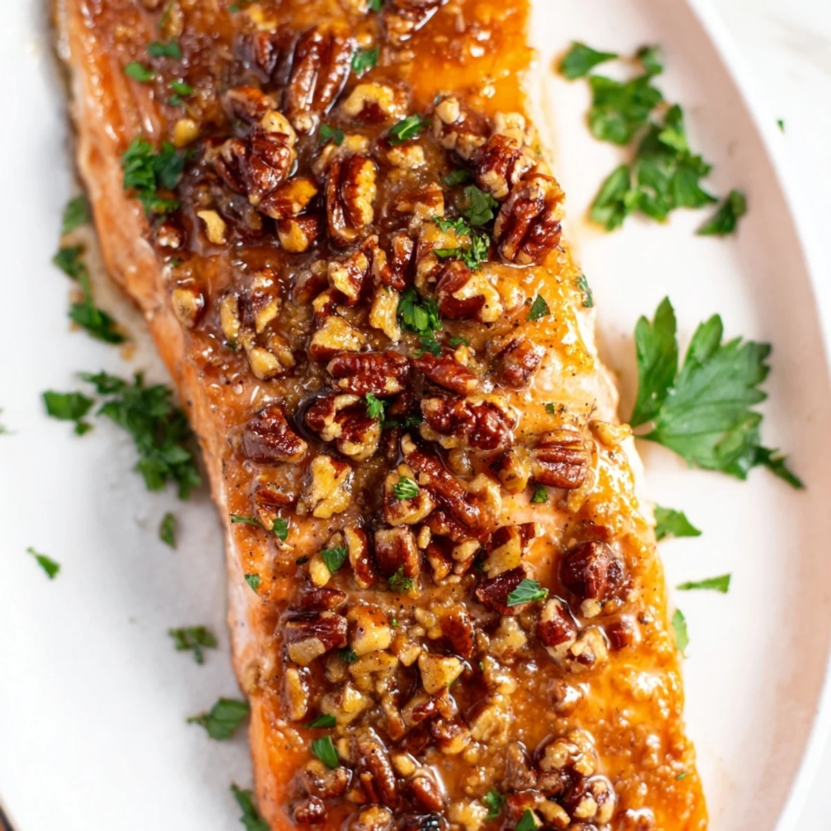 Golden-baked salmon fillets coated in a sweet maple glaze, topped with toasted pecans on a baking sheet.