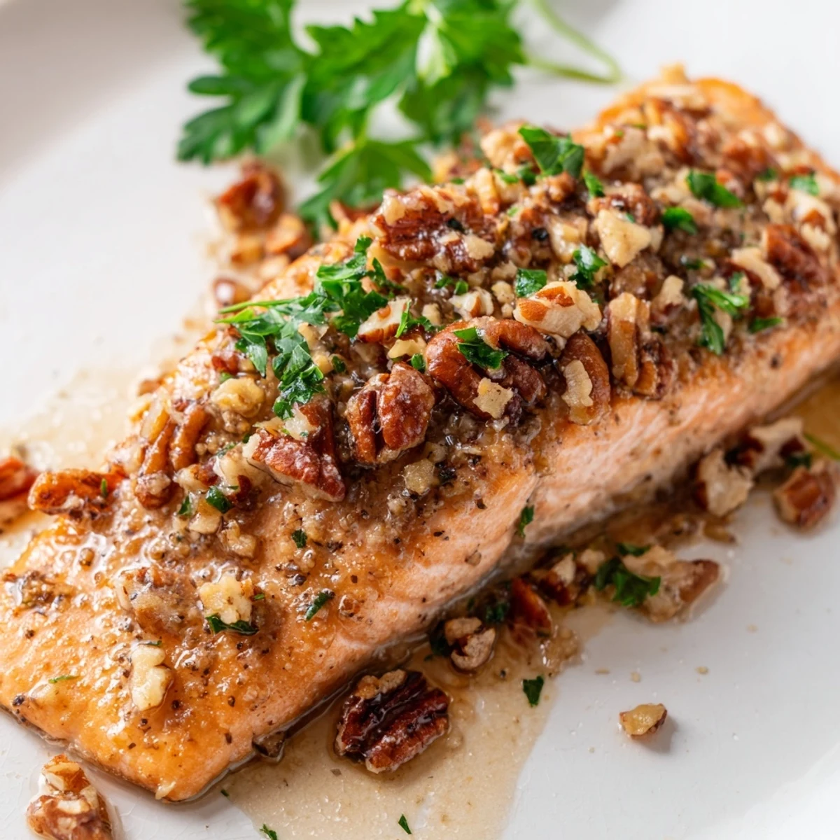 Tender baked salmon with maple glaze and pecans served alongside roasted asparagus and lemon wedges.