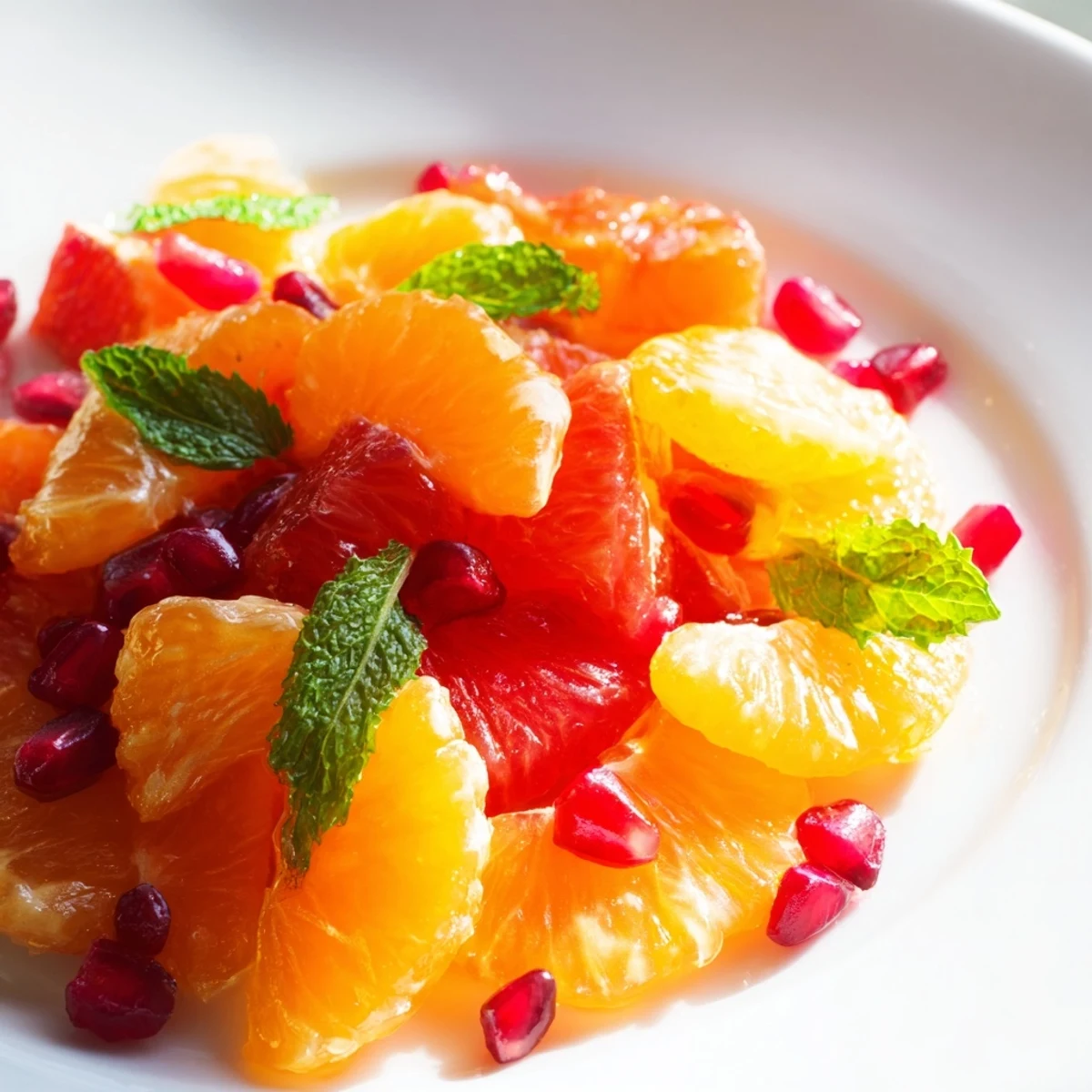 Bunte Winterfruchtsalat mit Zitrusdressing in einer Glasvase, perfekt als Dessert oder Brunchbeilage.