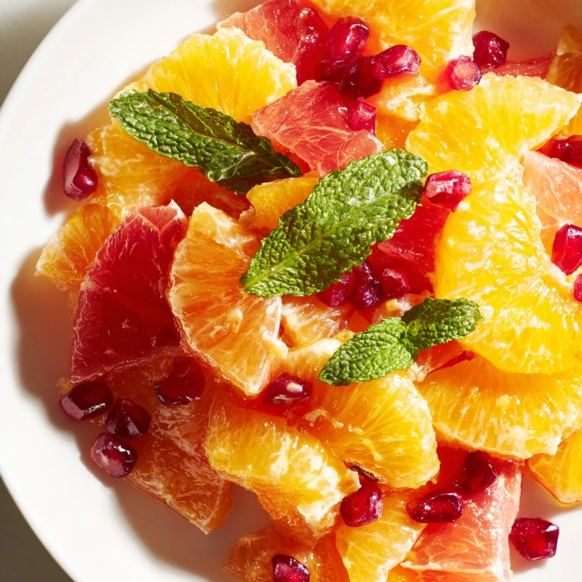 Frisch zubereiteter Winterfruchtsalat mit oranges Zitrusdressing, Minze und granatapfelbeeren für 4 Personen.