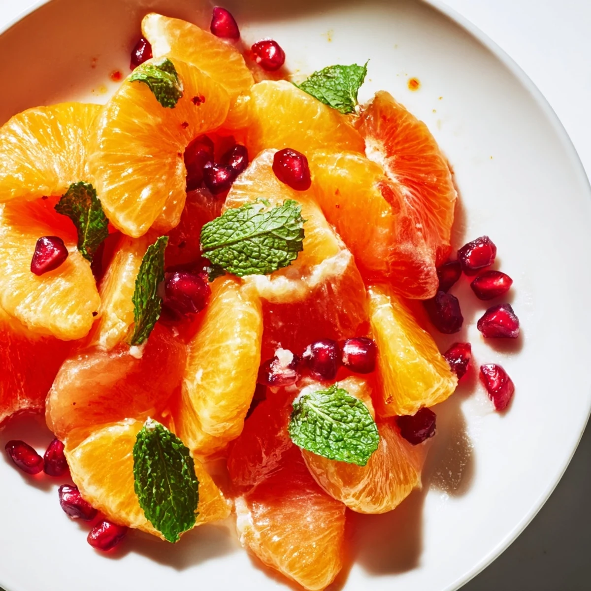 Erfrischender Winterfruchtsalat mit mandarinen, orangen und grapefruit, übergossen mit honig-lemon-dressing, vegetarisch.