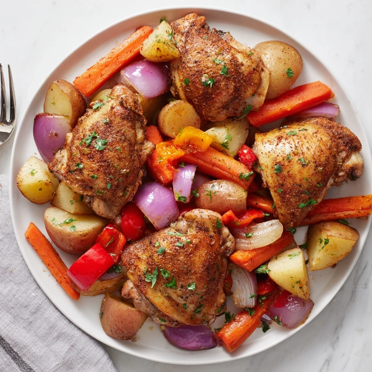 Dieses Roasted Meal Pan Dinner zeigt goldene Hähnchenschenkel, cremige Kartoffeln und röstige Karotten auf einem Blech.