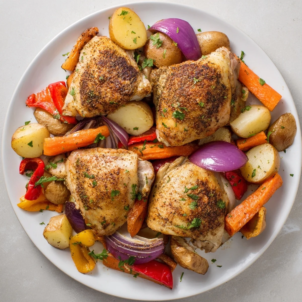 Rustikales Roasted Meal Pan Dinner mit knusprigen Hähnchenschenkeln und bunten Ofengemüsen auf einem Blech.