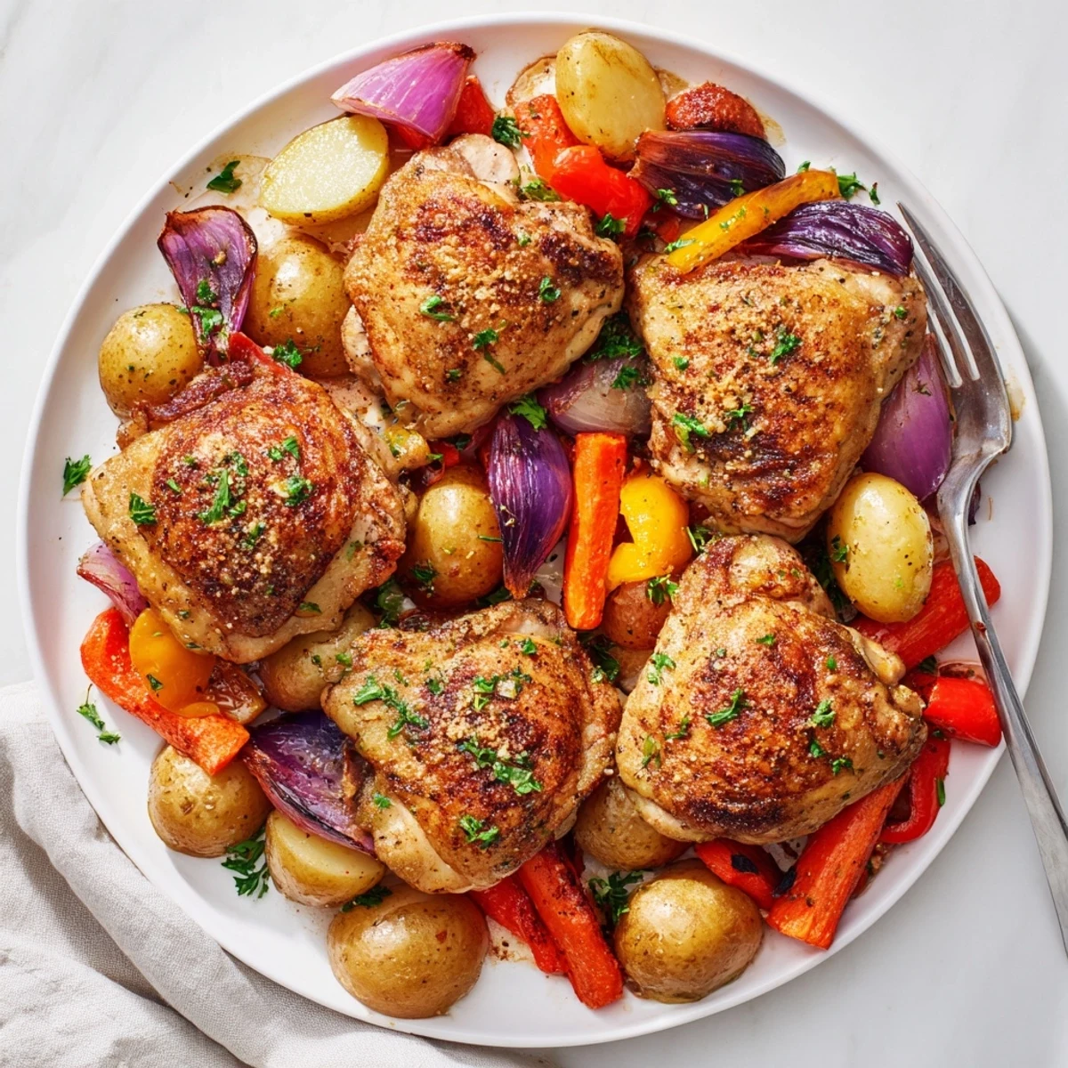 Genieße das Roasted Meal Pan Dinner mit duftendem Hähnchen, weichen Kartoffeln und knusprigem Gemüse vom Backblech.