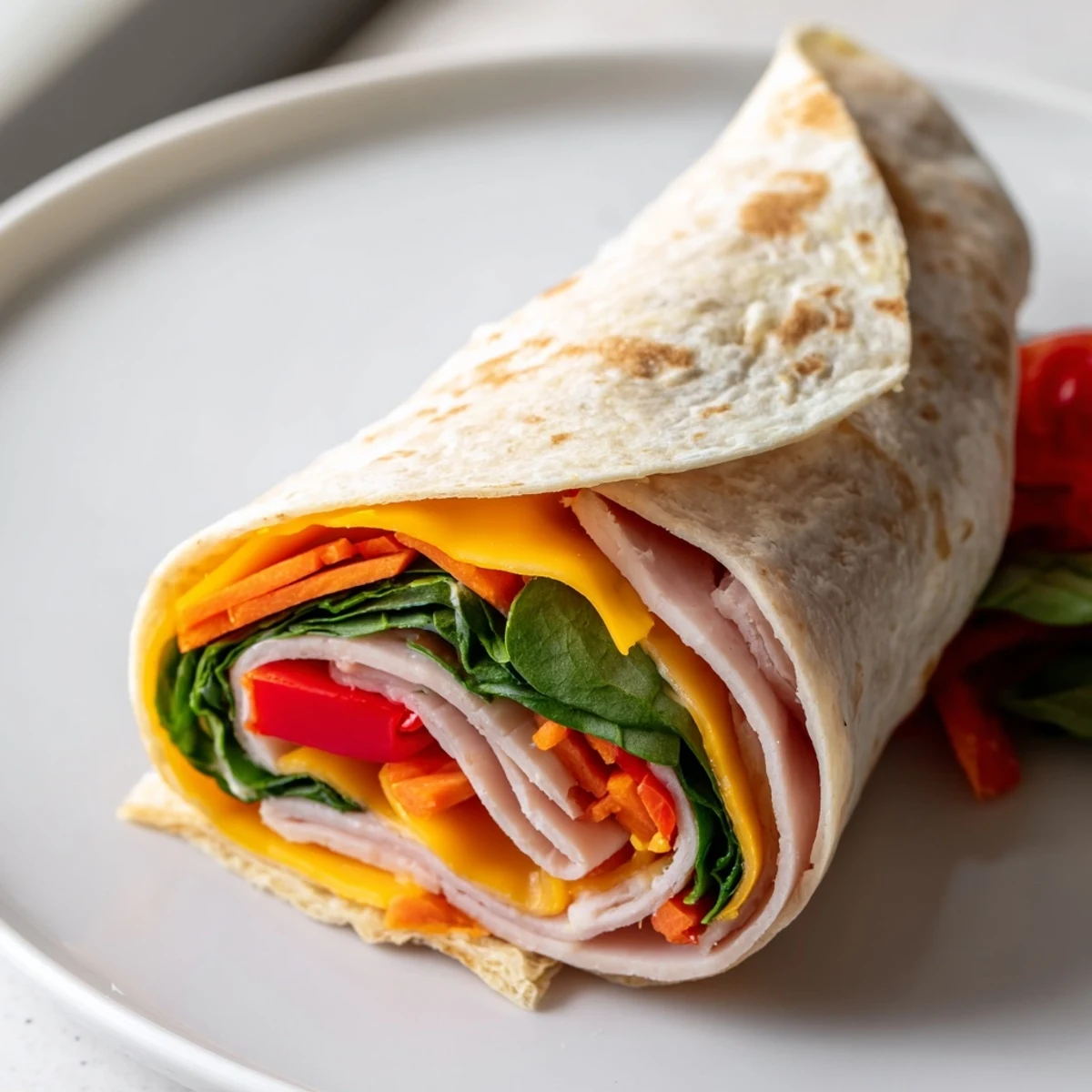 Lachsfarbenes Truthahn Snack Wrap mit knackigem Spinat und roten Paprikastreifen auf holzigem Teller.