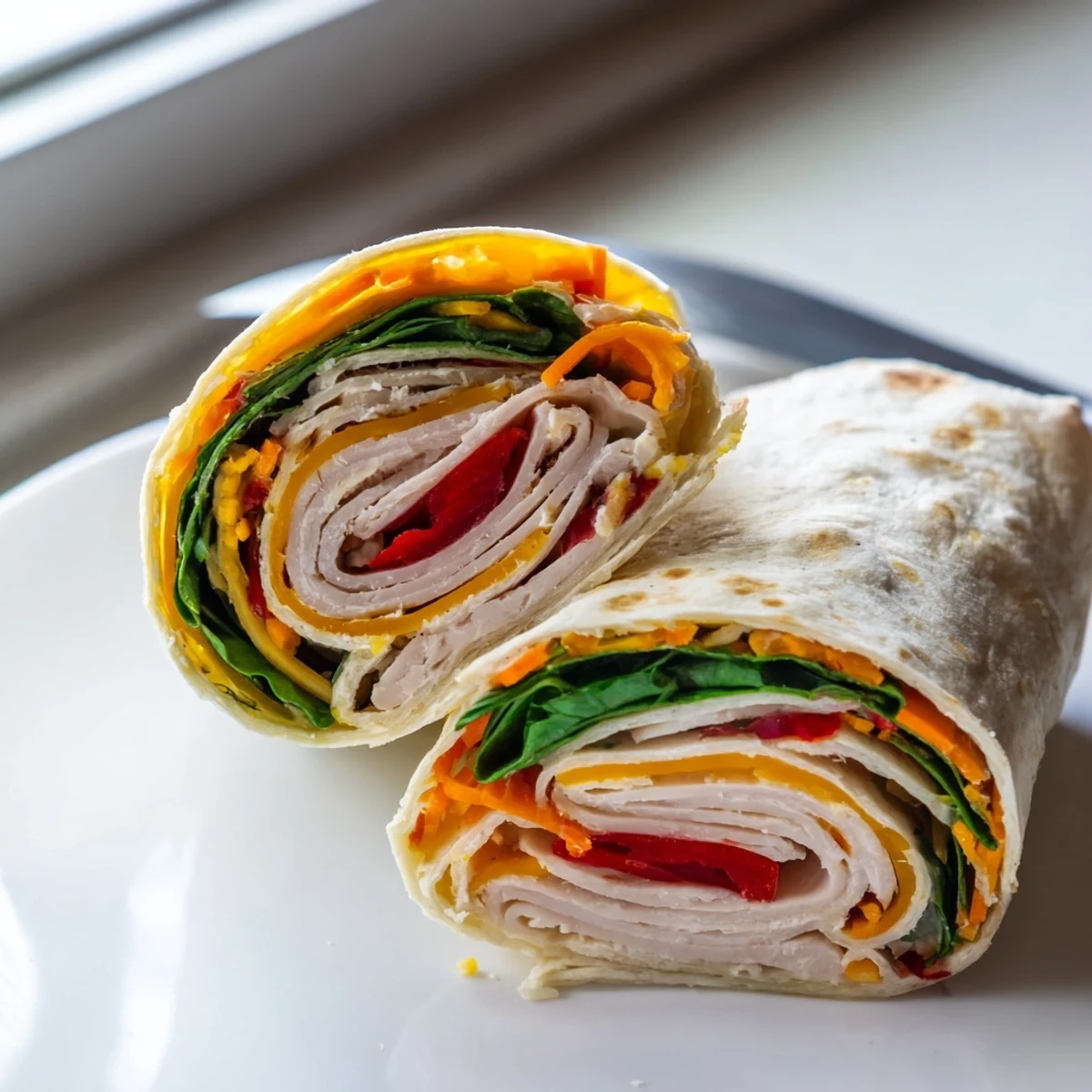 Sofort essfertiges Truthahn Snack Wrap, diagonally halbiert und auf rustikaler Schneideplatte für leichte Mahlzeiten präsentiert.