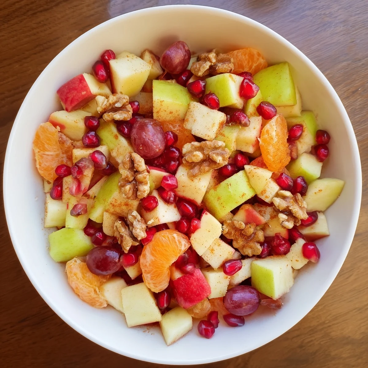 Vibrant bowl of Winter Snack Fruit Mix topped with chopped walnuts, served beside creamy Greek yogurt on a rustic wooden table.  