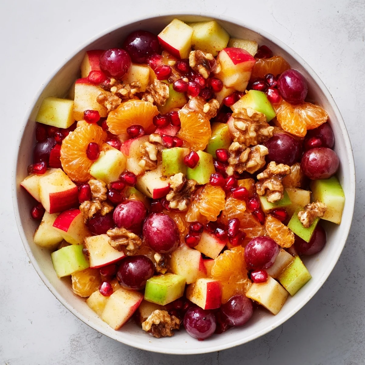 A close-up of Winter Snack Fruit Mix showing diced apples, pears, grapes, and pomegranate seeds glistening with citrus dressing.  