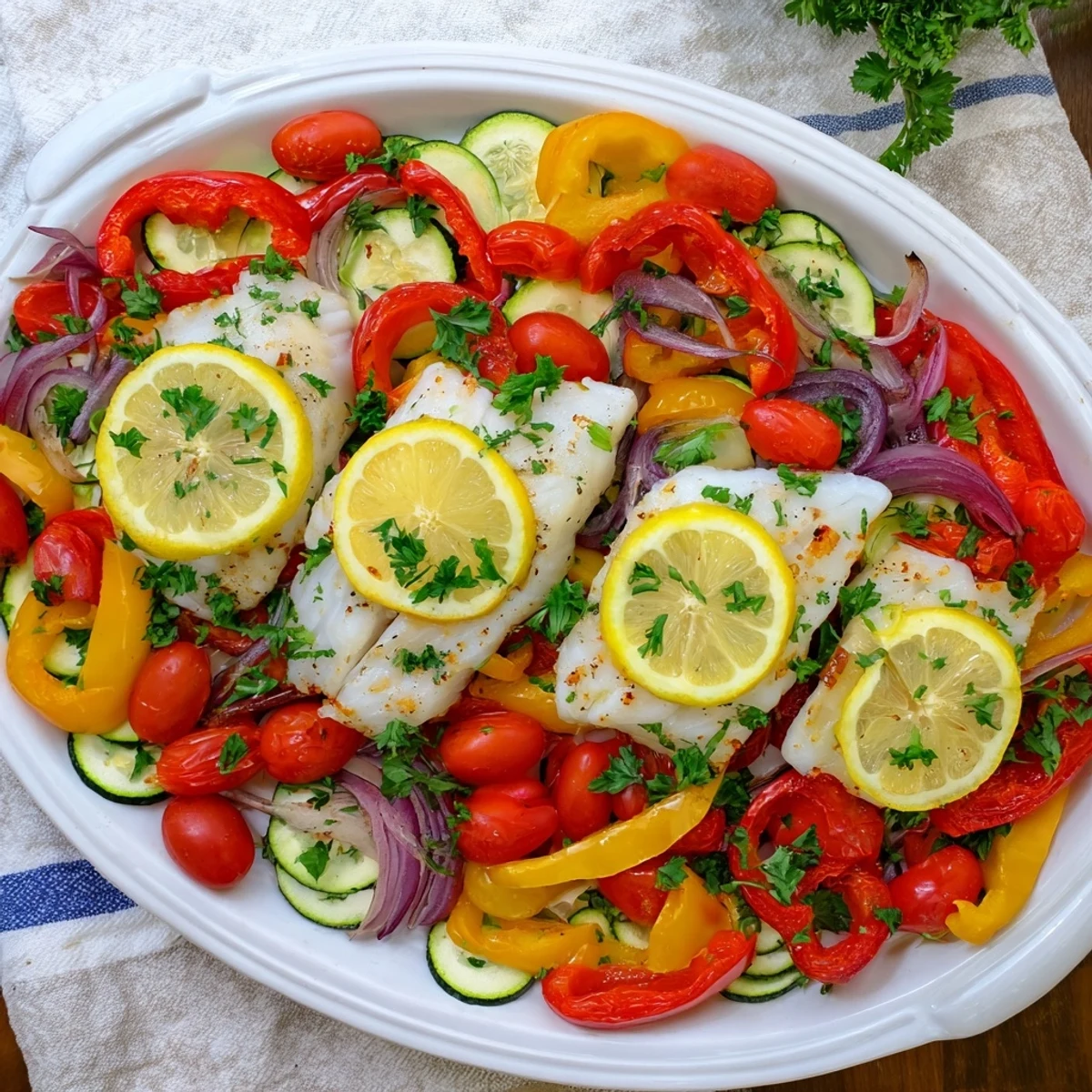 Goldbrauner Baked Cod Dish Platter frisch aus dem Ofen, mit saftigen, flaken Filets und weich gegarten, knusprigen mediterranen Gemüsestücken auf einem rustikalen Plattenbild.