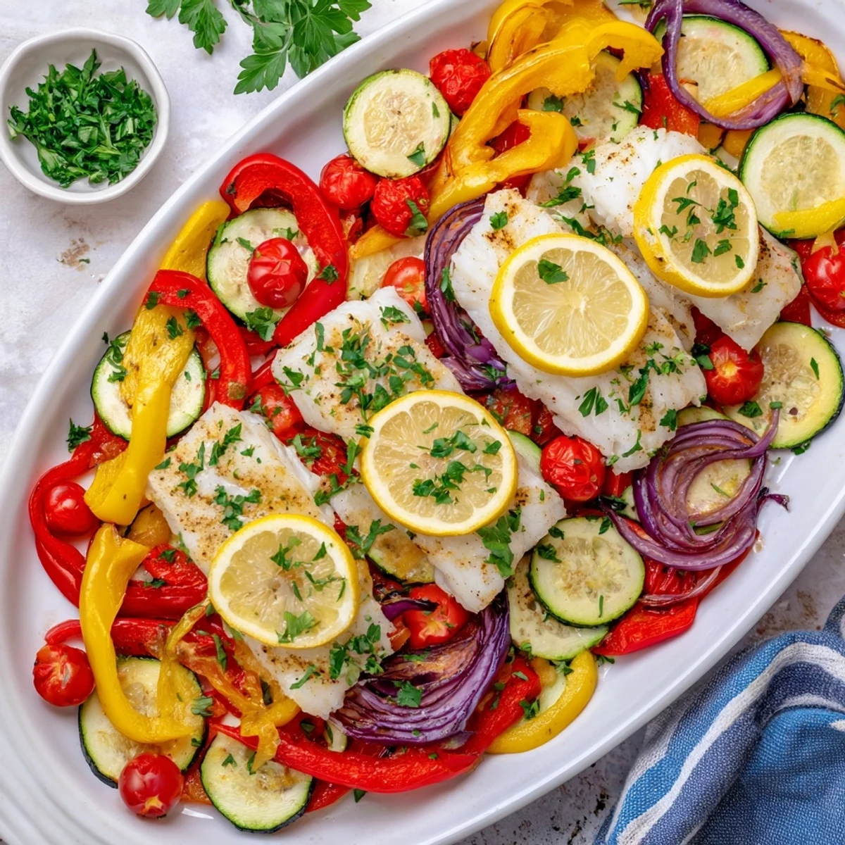 Ein klarer, leuchtender Baked Cod Dish Platter auf einer rustikalen Tischplatte, mit goldenen Zitronenscheiben auf dem Fisch und farbenfrohen ofengerösteten Vegetables.