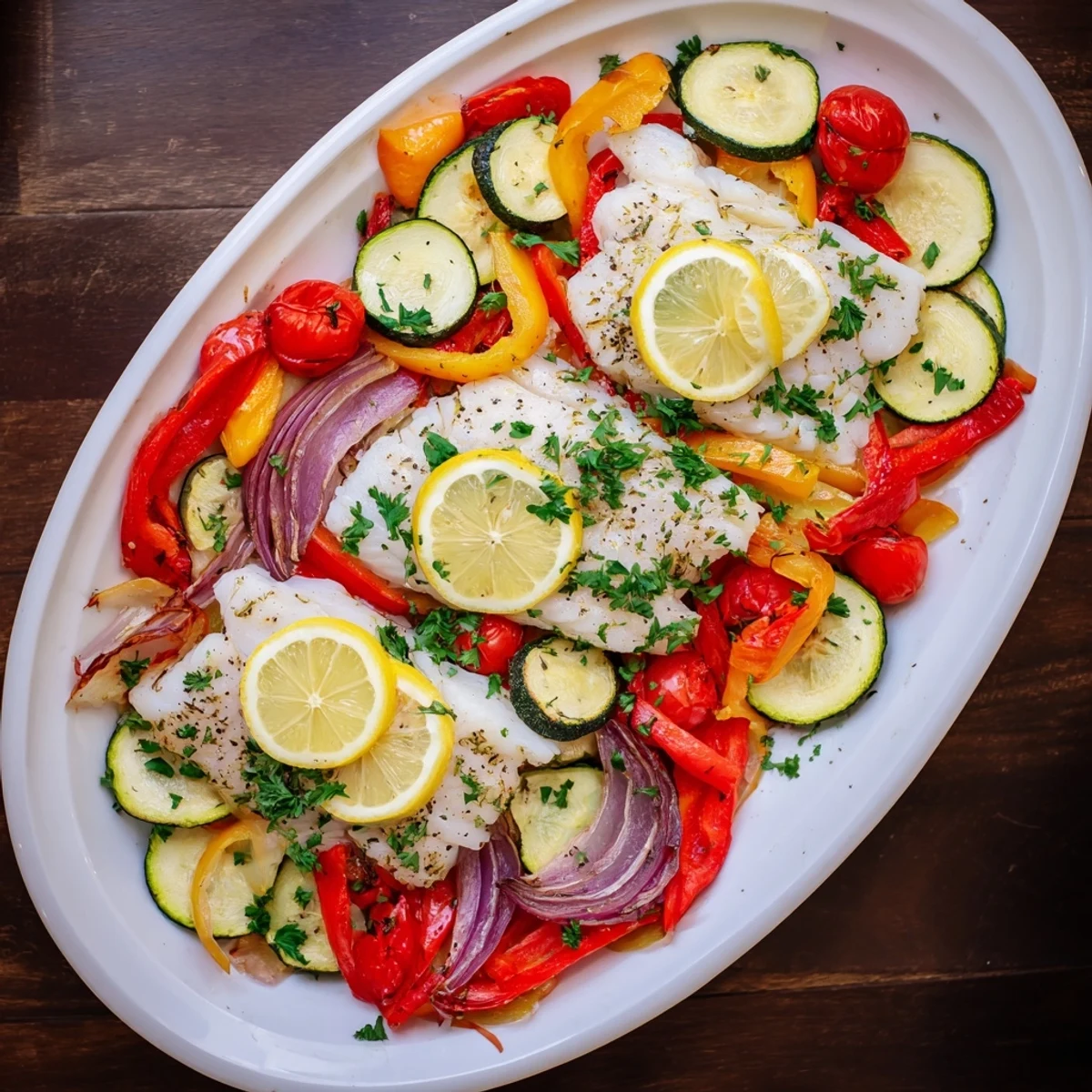 Ein wärmender Baked Cod Dish Platter mit aromatischen Kräutern, weichem Fisch und bunten ofenrosten Tomaten und Paprika auf einem einfachen Servierteller.