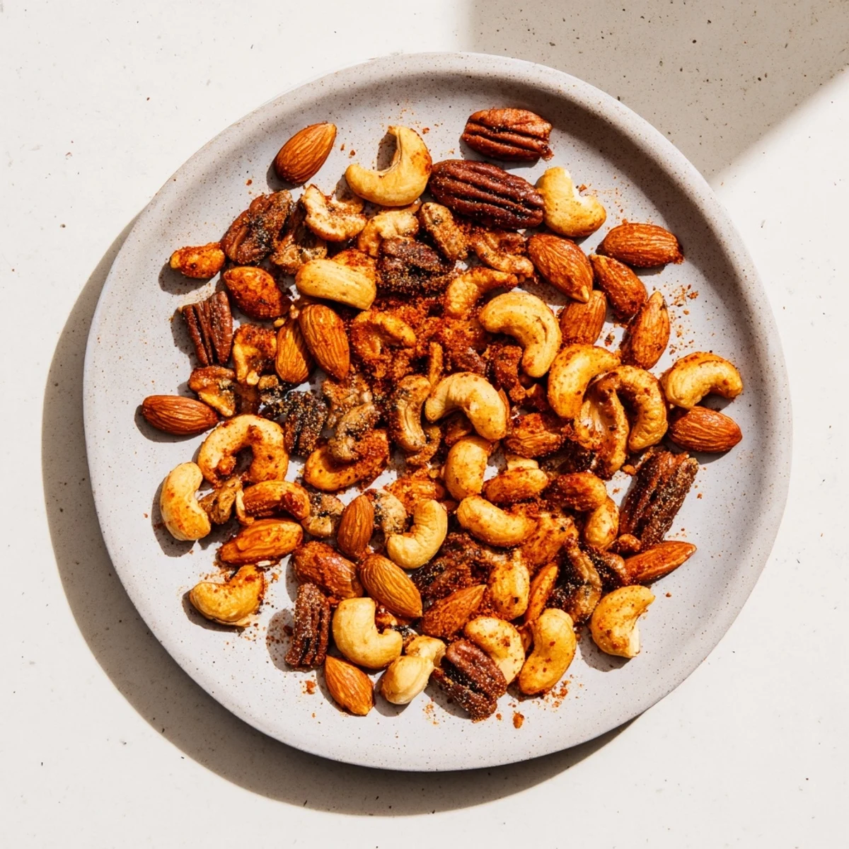 Röstige Spicy Snack Nuts Mix im Backblech, goldbraun mit würziger Gewürzschicht  