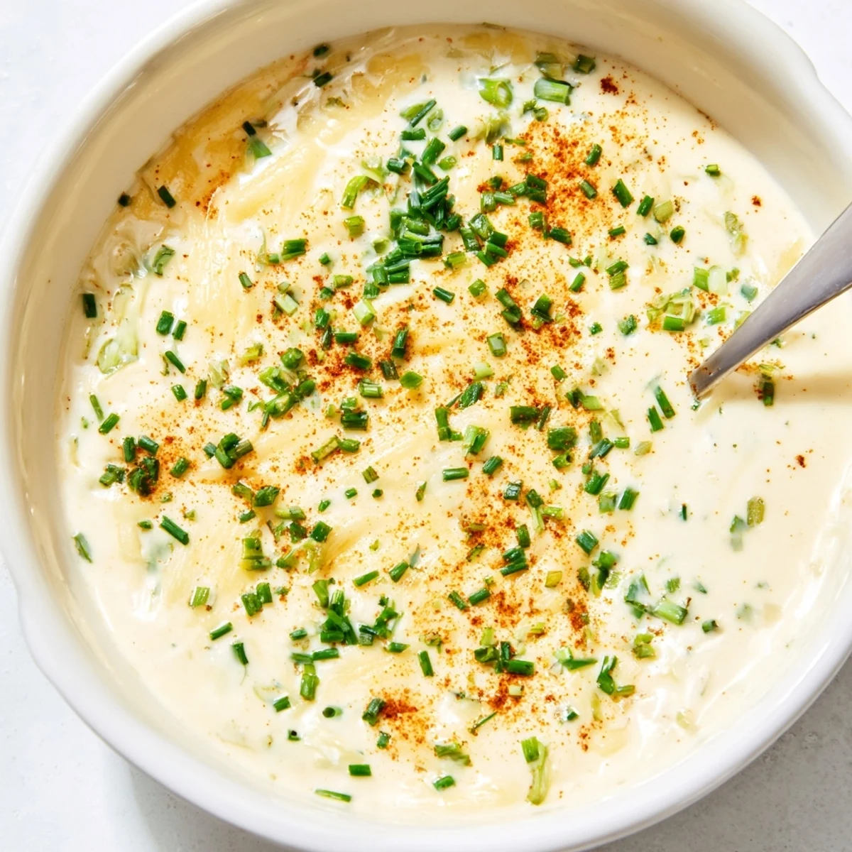 Creamy Snack Cheese Dip in a ceramic bowl, garnished with fresh chives, served with crackers and colorful veggie sticks.