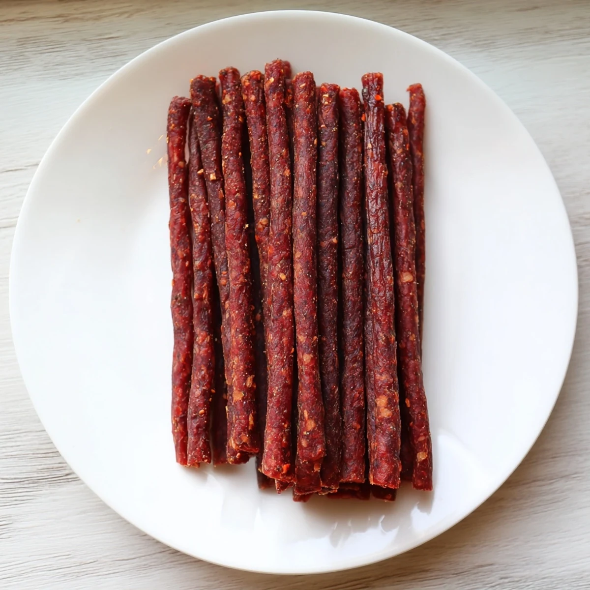 Savory Beef Snack Stick Jerky sticks on a wire rack, glistening and aromatic, ready for snacking.
