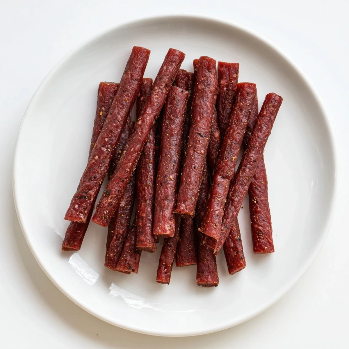 A close-up of golden-brown Beef Snack Stick Jerky with herbs, served beside craft beer.