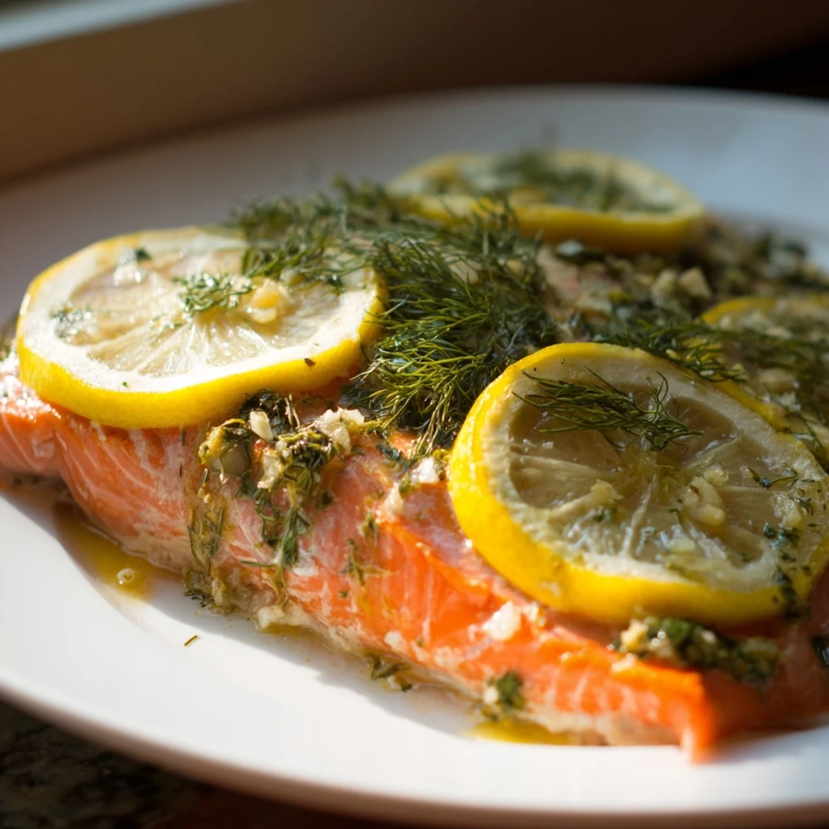 Frisch gebackene Baked Salmon with Lemon and Herbs auf einem Holzteller, garniert mit Zitronenscheiben und Kräutern.