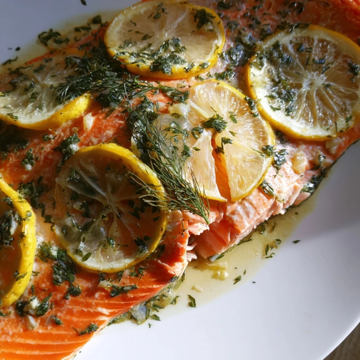 Saftige Baked Salmon with Lemon and Herbs, serviert mit frisch gehacktem Dill und zitronigem Olivenöl-Overhead.