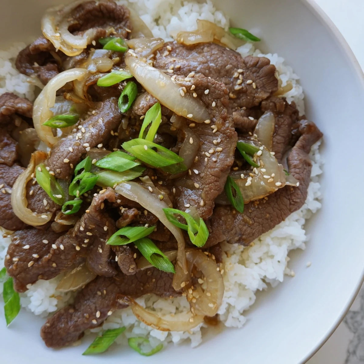 Frisch zubereitetes Beef Bowl mit duftendem Reis, garniert mit grünen Zwiebeln und Sesamkernen.