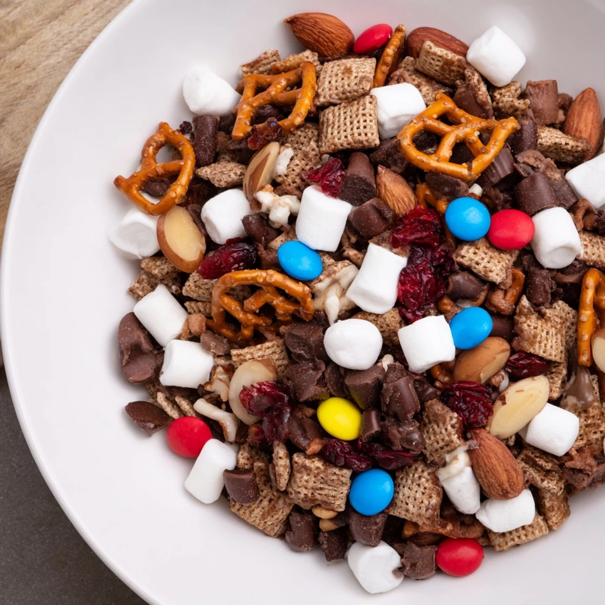 Chocolate Snack Mix Sweet with pretzels, crunchy Chex, and roasted nuts, tossed with chocolate chips for a festive party snack.