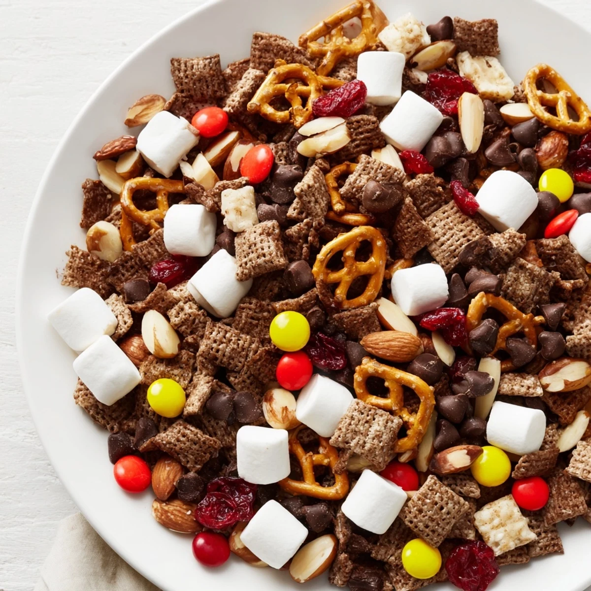 Colorful M&Ms, sweet dried cranberries, and mini marshmallows make this Chocolate Snack Mix Sweet an irresistible movie night treat.