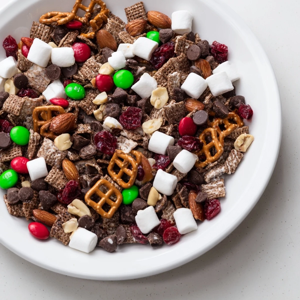 A big bowl of Chocolate Snack Mix Sweet, combining salty pretzels, peanuts, and chocolatey candies for easy, on-the-go snacking.