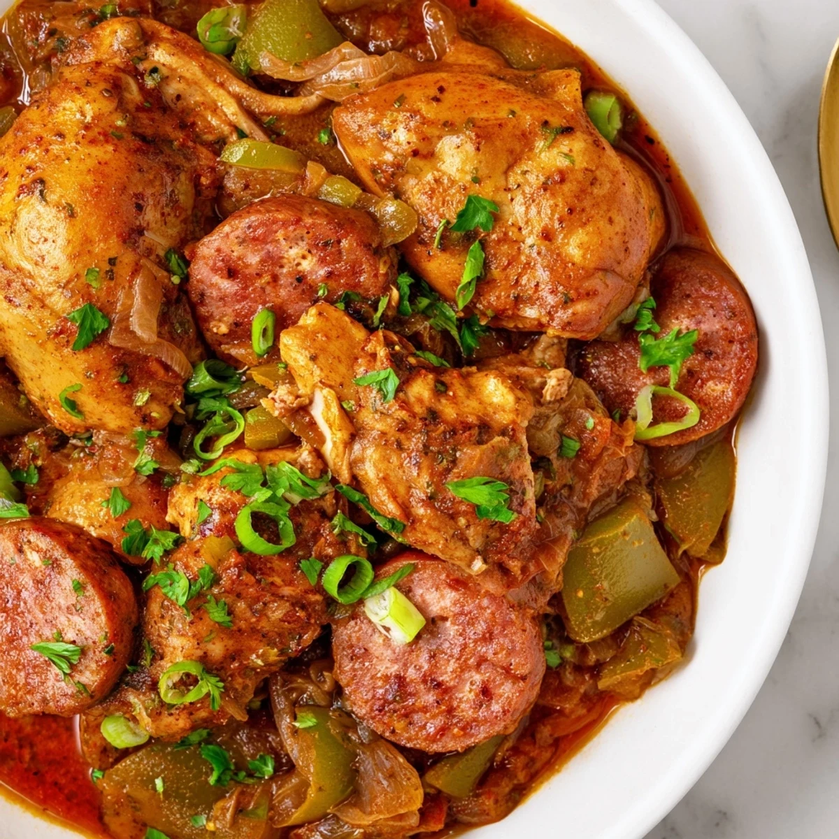 Cajun Chicken and Sausage Stew in a rustic bowl, served over fluffy white rice with fresh parsley.