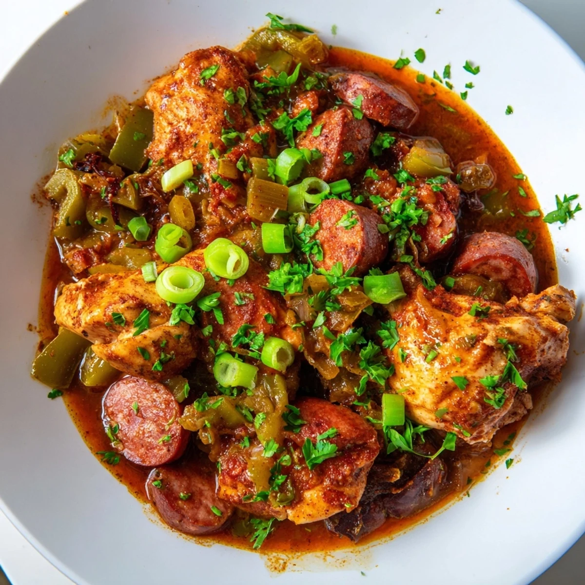 Steaming pot of Cajun Chicken and Sausage Stew with bell peppers and celery, ready for a family meal.