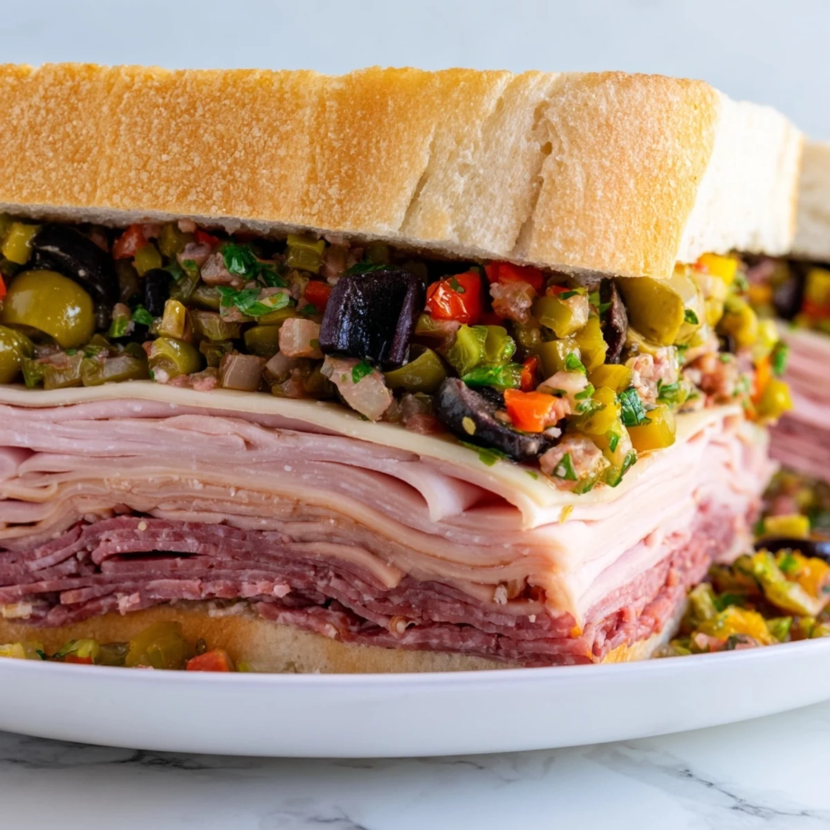 Frisch zubereiteter New Orleans Muffuletta Sandwich mit Antipasti, Käse und würziger Olive Salad Füllung.