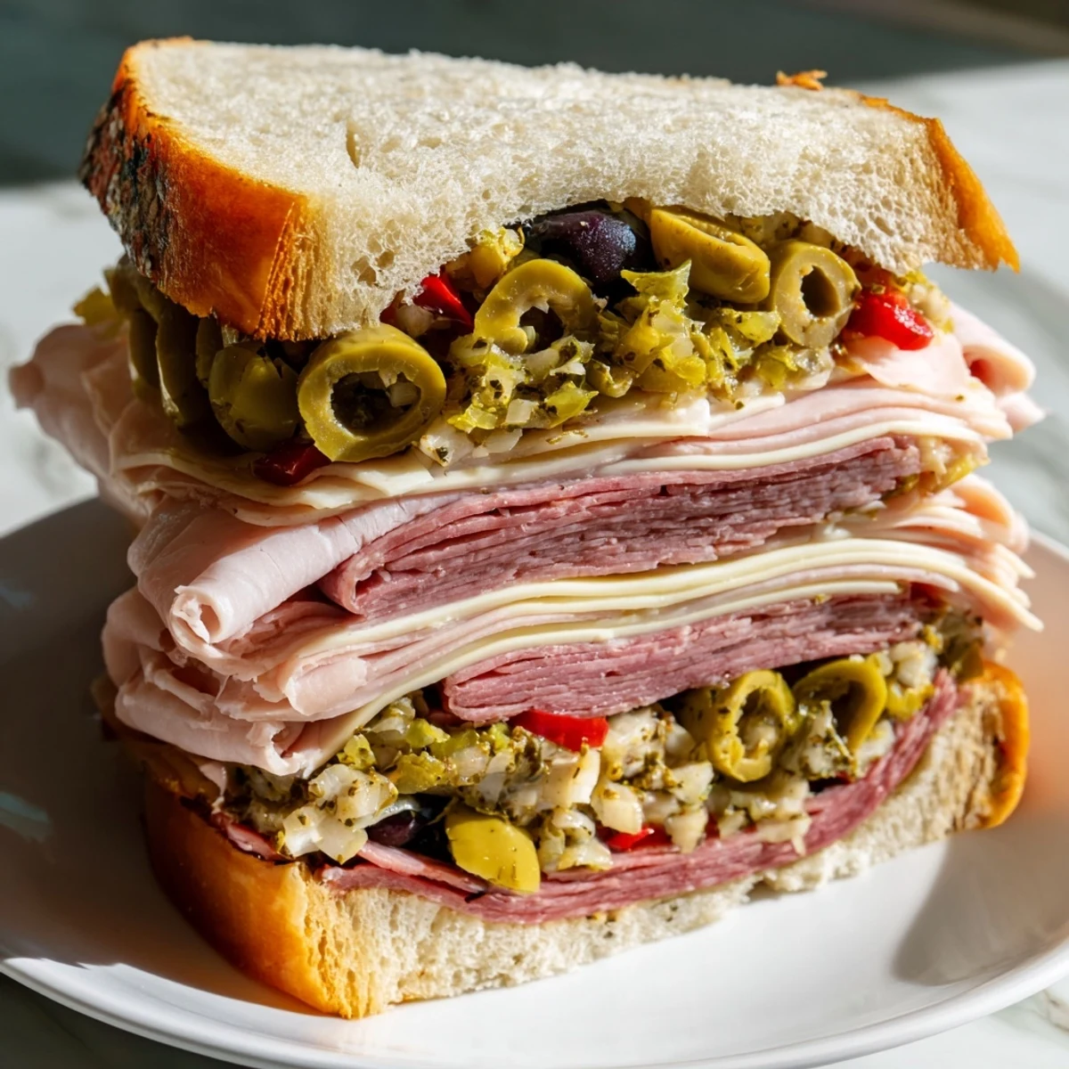 Ein halal Muffuletta Sandwich aus New Orleans mit Schinken, Salami und Olive Salad auf einem runden Italienbrot.