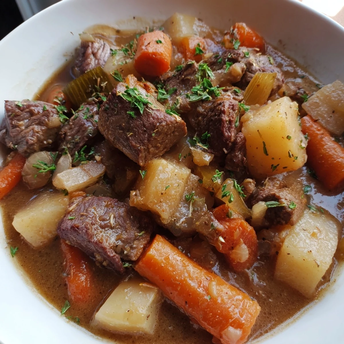 Irish Beef Stew with Root Vegetables ladled into a deep dish, garnished with fresh parsley.
