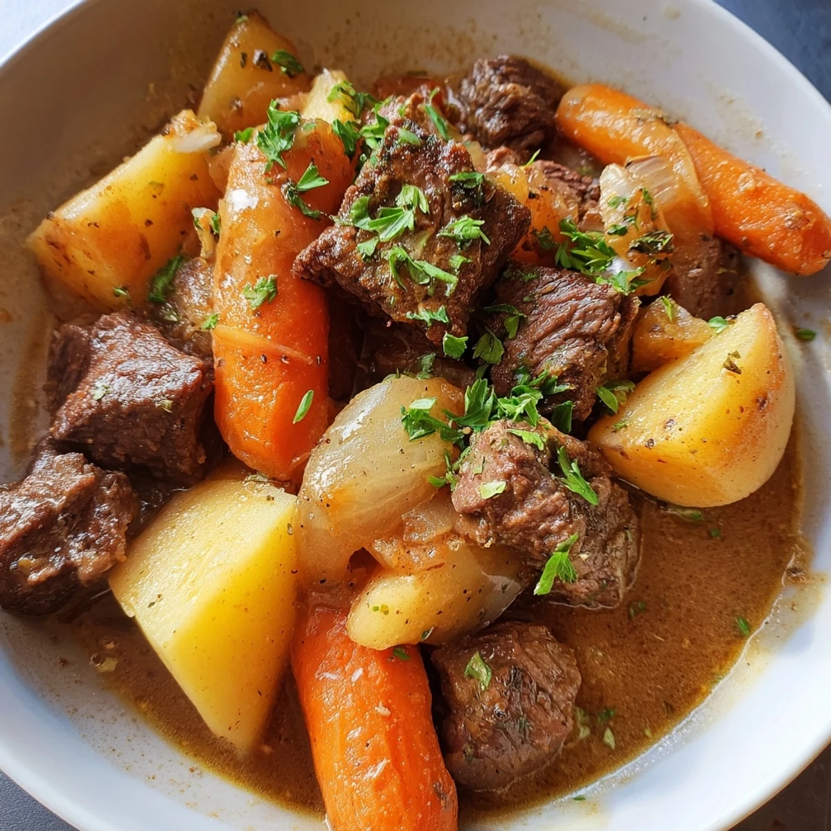 Tender beef and chunky carrots in a rich Irish Beef Stew with Root Vegetables.