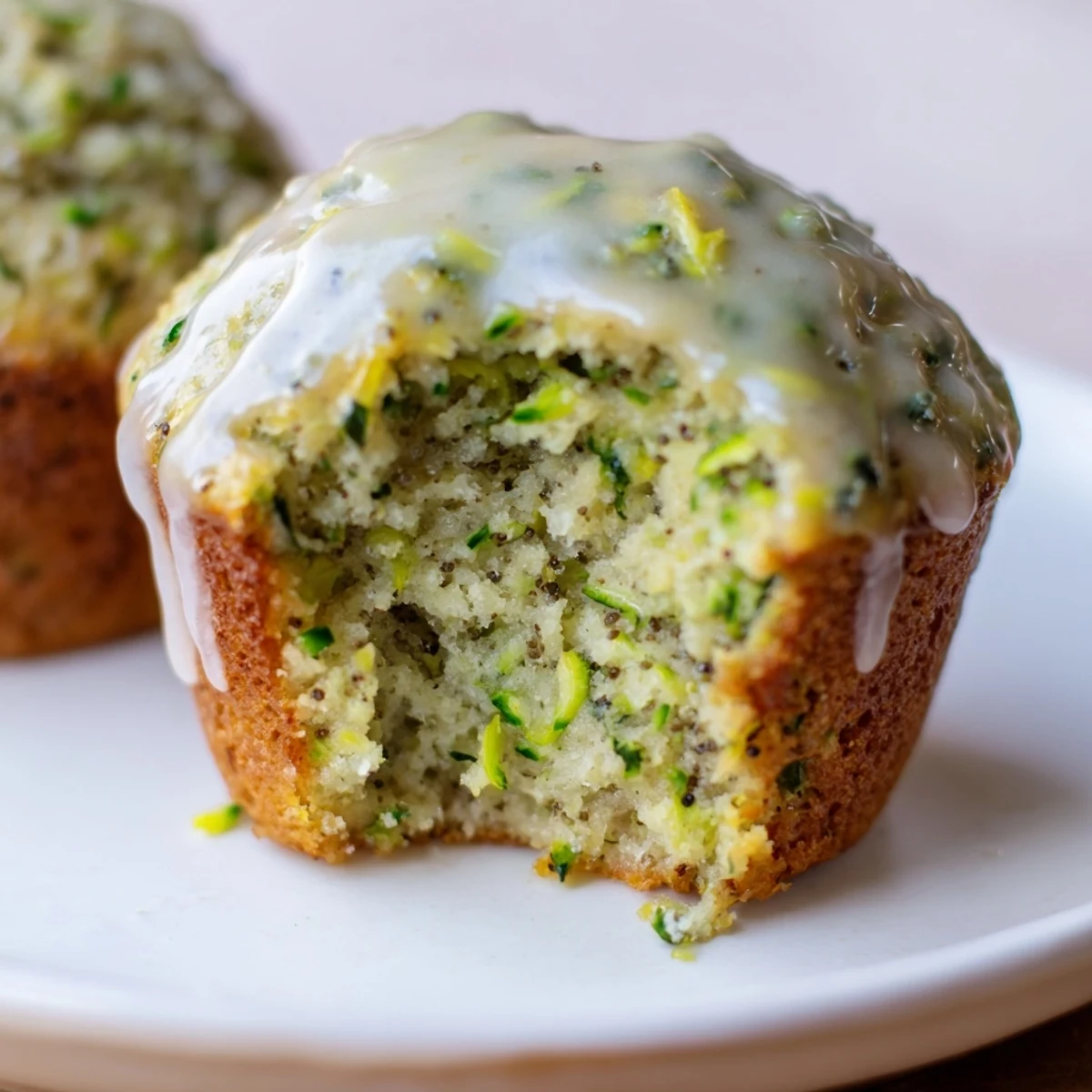Feuchte Green Zucchini Muffins mit Zitronenglasur, auf einem gestreiften Tuch mit Glaze-Tropfen.